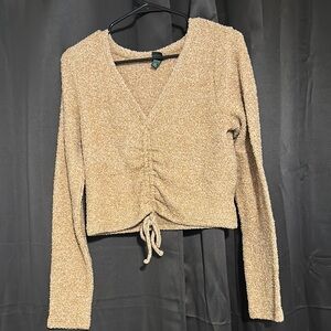 Cozy Tan V-Neck Ruched Sweater Top